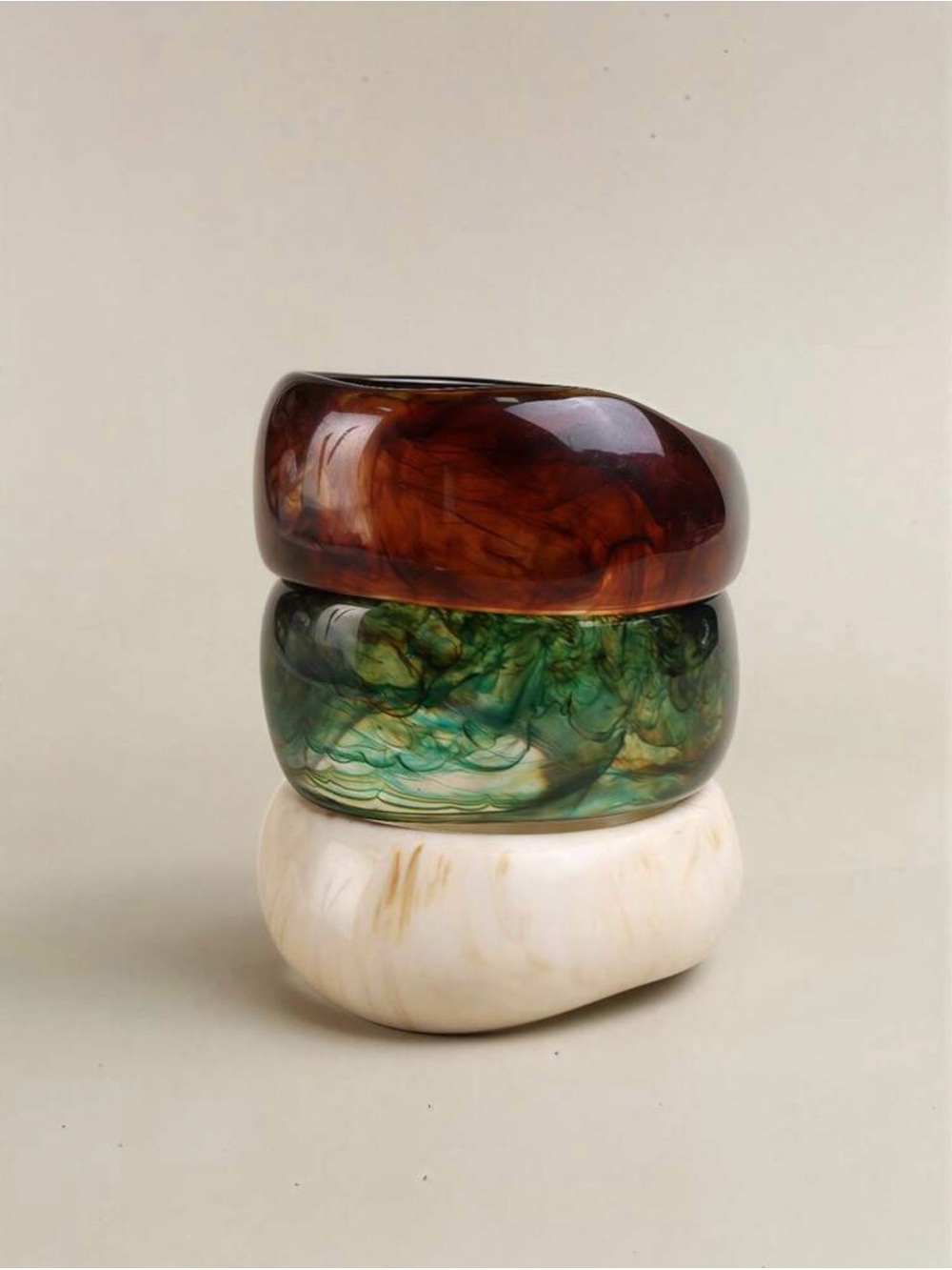 Set of 3 Resin Accent Bangles in Brown, Green, and Cream